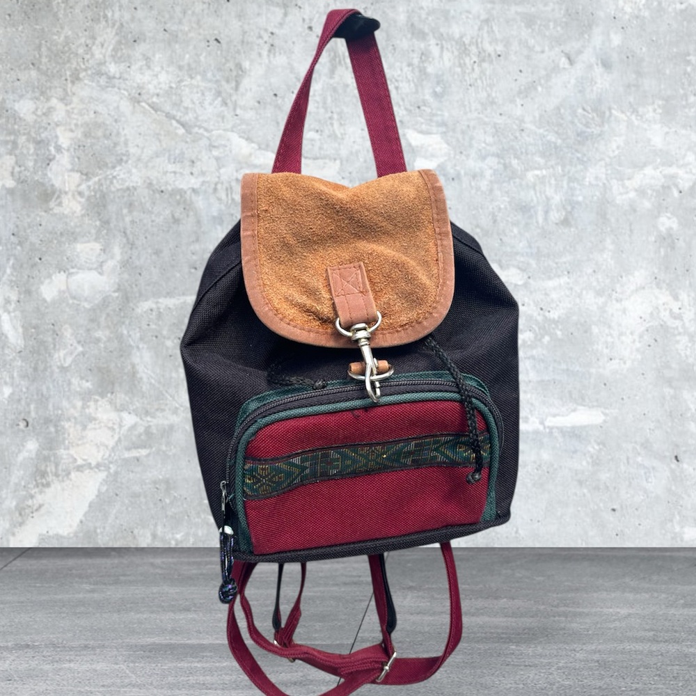 Vtg 90s Mini Backpack Black Maroon Tapestry Suede Drawstring Grunge Nylon